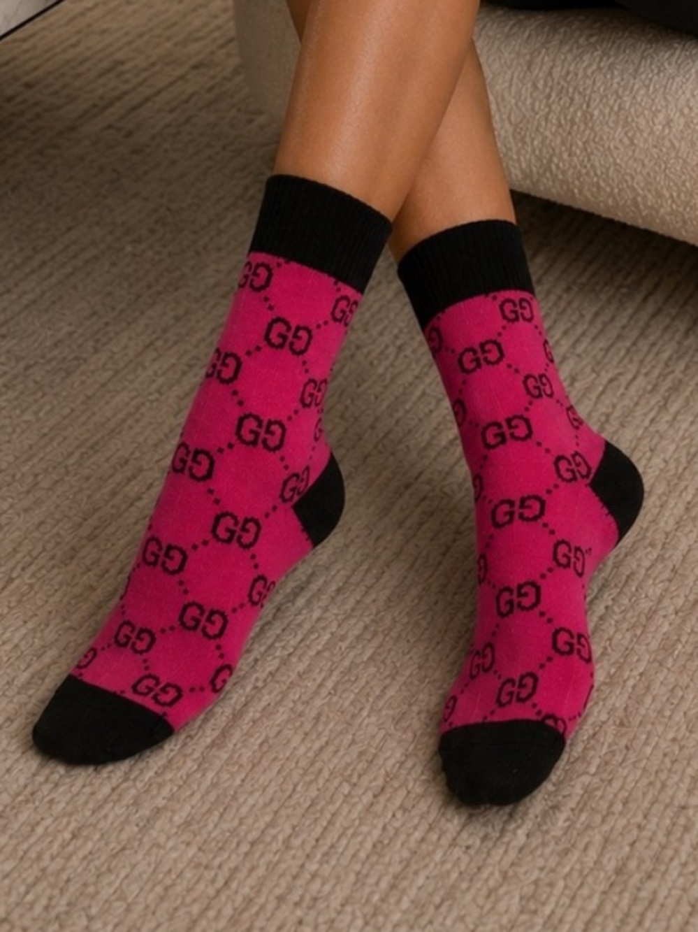 Gucci Pink GG Logo Crew Socks with Black Accents